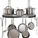 24.4 Metal Pot Rack Hanging, Oval Pan Rack Hanging with Hooks, Heavy Duty Ceiling Pot Rack with Grid, Pot and Pan Hangers for Kitchen Cookware Utensils Toiletries, Easy Assembly, Black