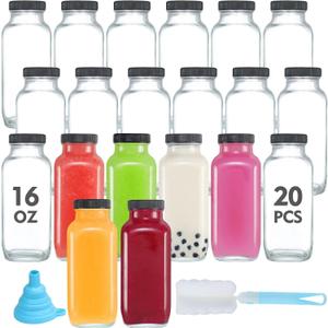 Glass Square Juice Bottles with Lids20Pcs 16 oz Vintage Water Bottles for Juicing,Hot Sauce,Ginger JarKombucha,Potion,Milk Bottles,Oil,Whiskey,Portable Travel Bottle