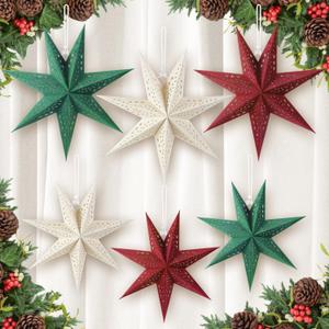 ReliThick 6 Pcs Velvet Christmas Paper Star Lanterns 18/12 Inch Flocked 7 Pointed Christmas Hanging Lamp Paper Ornament Decorations for Xmas Party Indoor Door Window(Red, Green, White)