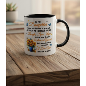 Daughter Gifts from Mom, Dad on Birthday, Presents For Daughters Cup with Spoon, To My Daughter Coffee Mug, Sunflower Gifts for Women Keepsake, 11oz White Pink Ceramic Coffee Tea Mug Cup