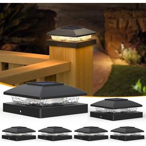 APONUO Solar Post Cap Lights for 4x4 Posts, Bright Warm White LED Post Cap Lights Solar Powered, IP64 Waterproof & All-Night Lighting, Black 6 Pack – Deck, Fence, Patio Light (Easy Install)