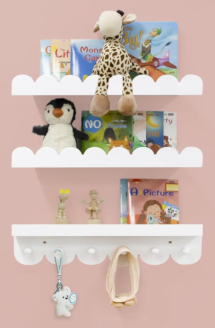 Wall Book Shelves for Bedroom Kids with Hooks - Scalloped Shelves for Nursery Set of 3, Nursery Bookshelf for Wall Room Decor, 16 Inch (White Wood)