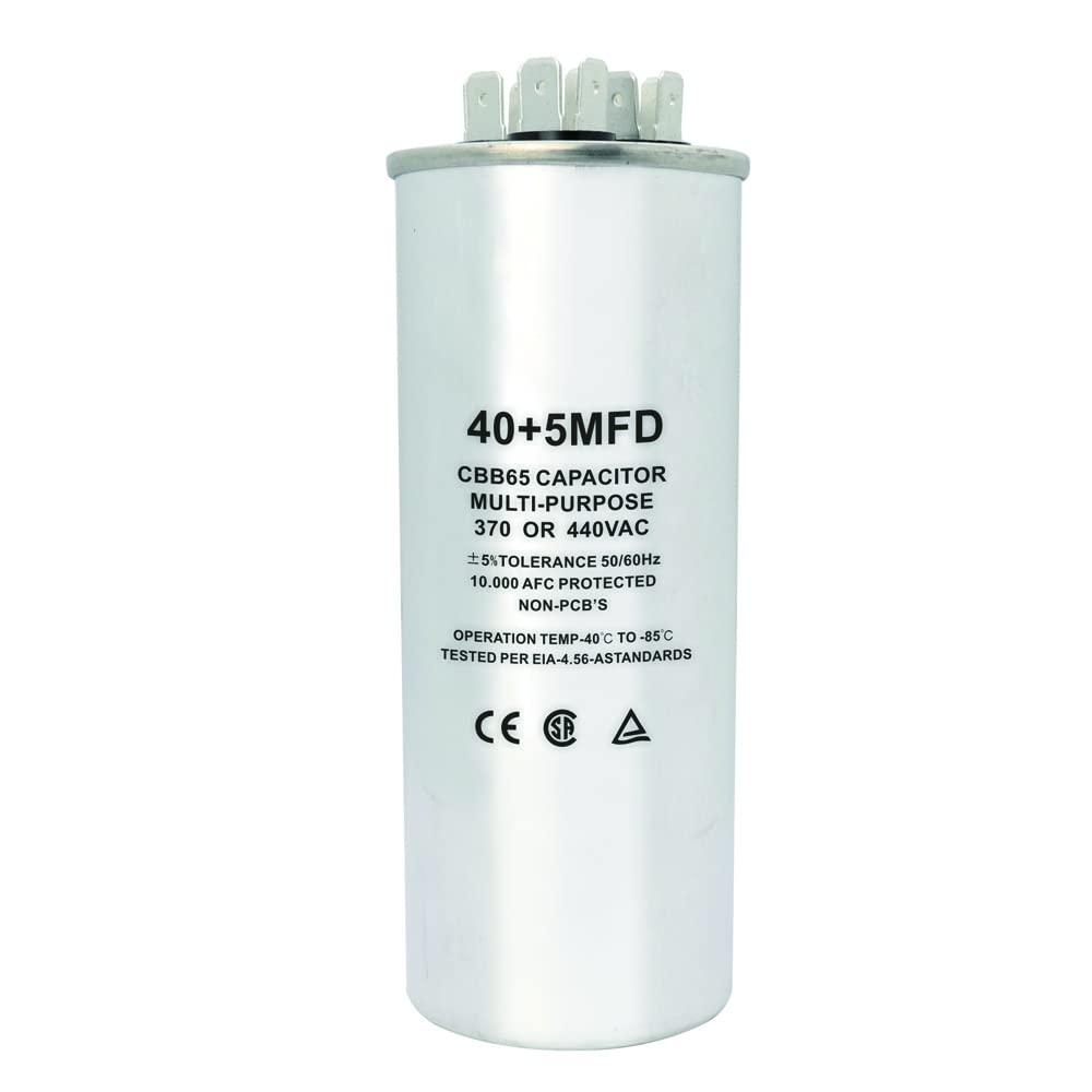 CBB65 Dual Run Circular Start Capacitor, 40+5 uF 40/5 MFD 5% 370V/440VAC Combination Capacitor for Compressor AC Motor Run Fan Start Condenser Straight Cool/Heat