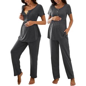 JiniGolla Women's Maternity Nursing Pajama Set Breastfeeding Loungewear Mama Clothes Short Sleeve Top & Pants Pregnancy PJS (X-Large, Deep Grey)