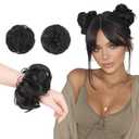 FESHFEN 2PCs Small Messy Bun Hair Piece for Thin Hair Women Girl Mini Synthetic Elastic Wavy Space-bun Scrunchies Updo Hairpieces, Natural Black