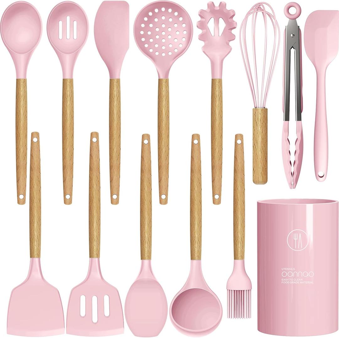 Silicone Kitchen Utensils Set - 446F Heat Resistant Cooking Utensil Sets, Spatula,Turner,Tongs,Spoon,Brush,Whisk, Wooden Handle Silicone Kitchen Gadgets Tools for Non-Stick Cookware BPA Free (Pink)