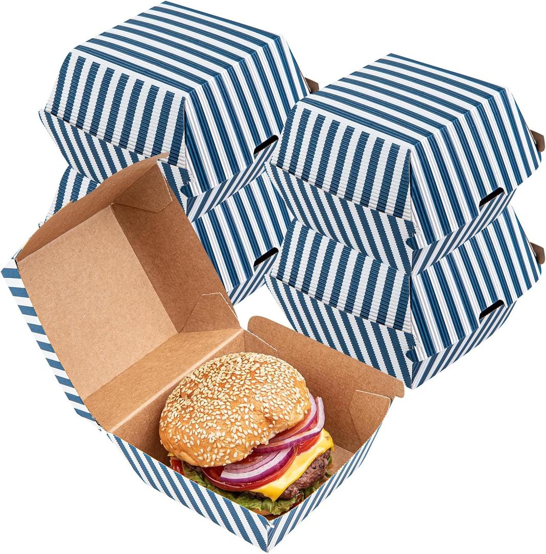 Restaurantware 4 x 4 x 3.8 Inch Burger Boxes 100 Clamshell Food Containers - Hinged Lid Disposable Blue And White Paper Take Out Boxes Ripple Wall Technology Serve Sliders or Finger Foods, 4"L×4"W×3.75H"
