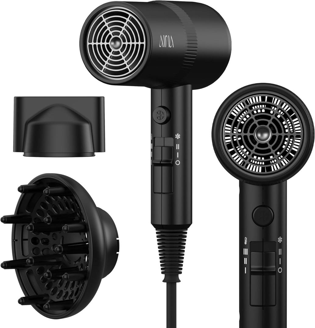 AINA Hair Dryer with Diffuser, Blow Dryer for Women | Advanced Ionic Technology, Ceramic Coating | Cold Shot Features Turbo Heat for Fast Drying and Shine 110V/ALCI (Vader Black) (3 Piece)