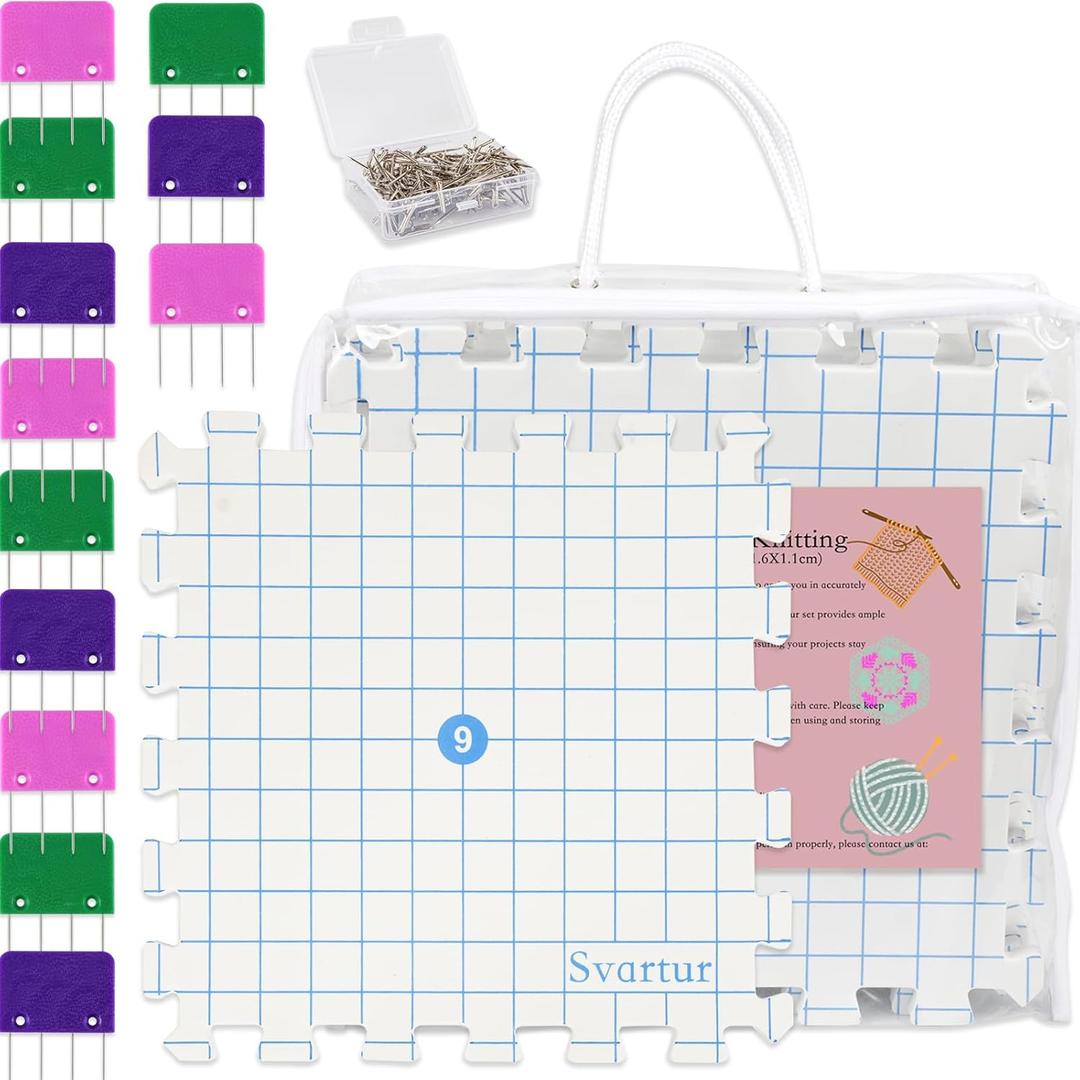 Svartur Interlocking Blocking Mat for Knitting and Crochet Projects, 9 Pack Knitting Blocking Mats with Blocking Comb Pins, T-pins, Crochet Blocking Board, Knitting Mat with Grid Line, Storage Bag