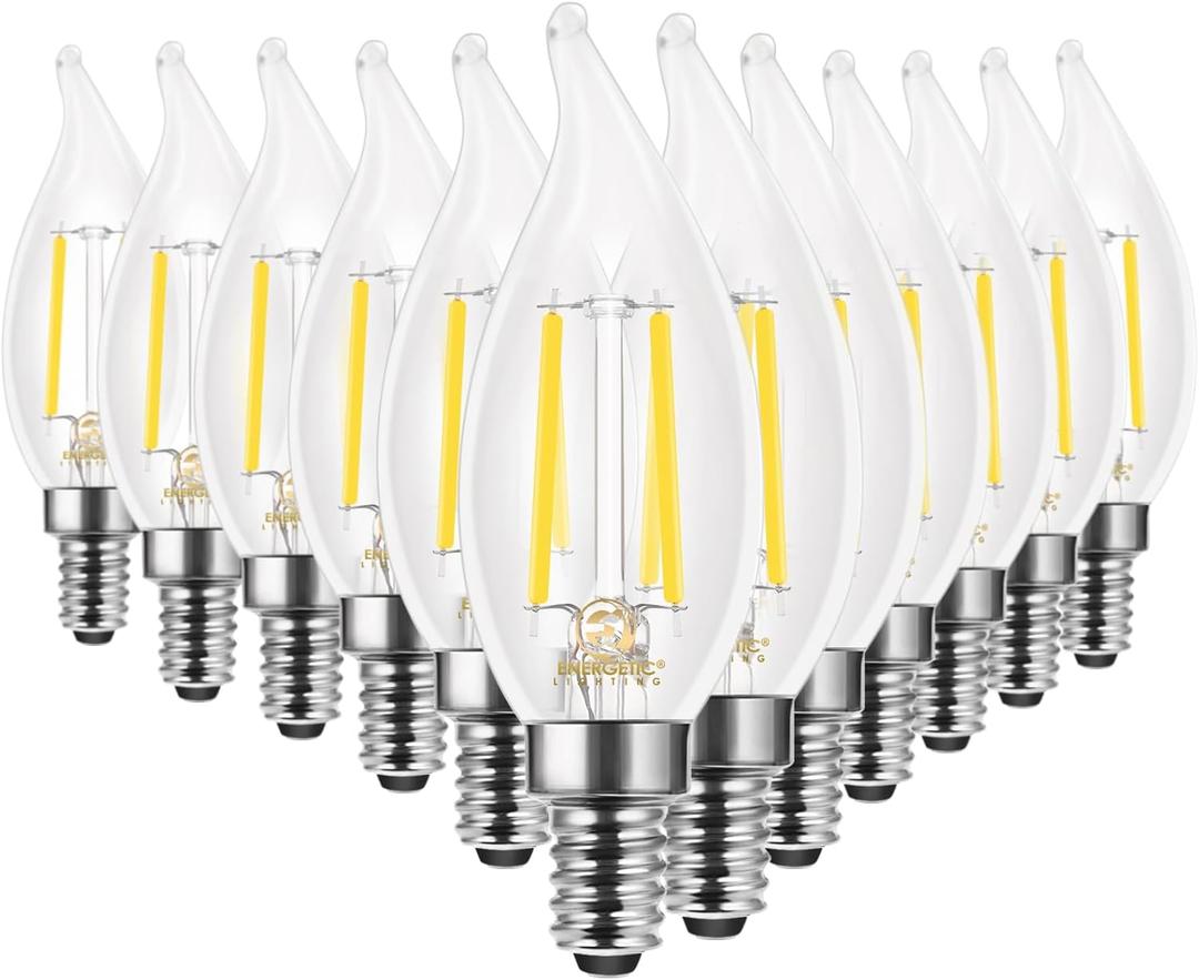 Energetic 90+ CRI LED Candelabra Light Bulb 60W Equivalent E12 LED Bulb Dimmable 5000K Daylight, Chandelier Light Bulbs, 5W 450LM Flame Tip CA10 Candle Light Bulbs, ETL Listed - 12 Pack