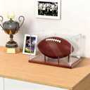 Clear Acrylic Football Display Case with Wood Base & Tee, Memorabilia Stand Cube Holder, Dust Protection Transparent Storage Box for Single Ball Souvenir Football Collections