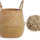 Knitgrip Large Wicker Plant Basket with Handle 10 Inch Woven Seagrass Belly Basket and Artificial Moss for House Plants Picnic Grocery Laundry Storage Home Decor(Large,Original,1 Pack)
