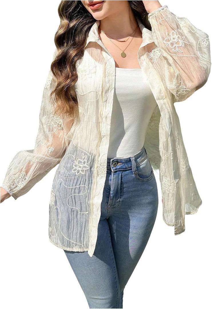Women's Oversized Sheer Mesh Blouses Floral Embroidery Collared Shirts Long Sleeve Tops Fall Outfits (Beige, L)