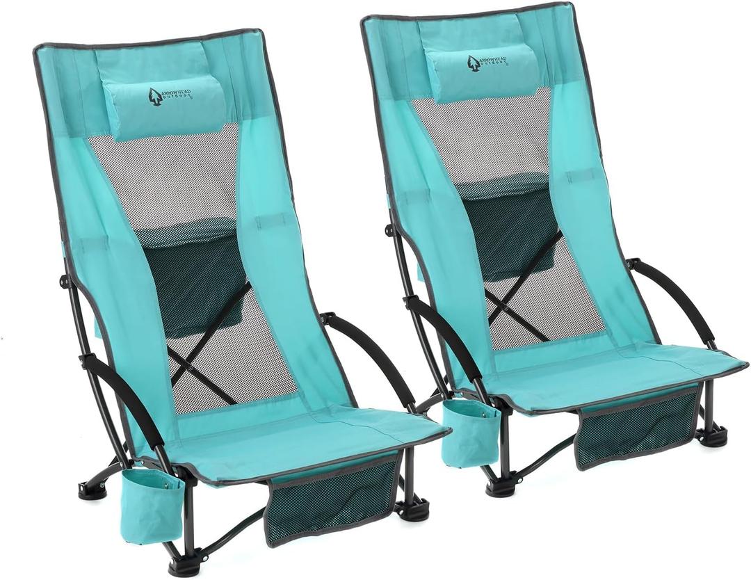 ARROWHEAD OUTDOOR 2-Pack Low Seating + 20 Reclining Folding Beach Chair w/Padded Headrest, Foam Armrest, Cup Holder, Carry Bag, 300 LBS Weight Capacity (Blue)