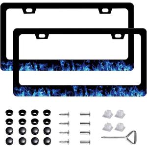 2Pcs Auto Universal Blue Flame Stainless Steel License Plate Frames 12x6 Inch for Standard Us Canada (111-blue-flame)