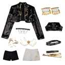 Cosfun Womens Cosplay Costume Set Black Golden Jacket Top Skirt Uniform Suit Dancing Stage XL 