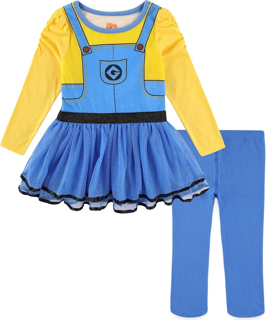 UNIVERSAL Minions Girls 2 Piece Long Sleeve Glitter Tulle Dress and Footed Stockings for Toddlers (Blue/Yellow)