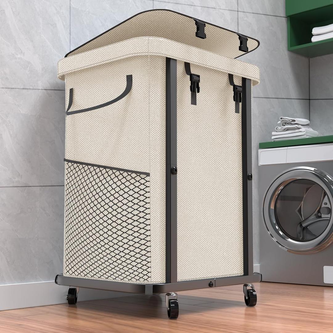 40 Gal(150L) High Grade Large Laundry Basket with Wheels, Rolling Laundry Hamper, Laundry Cart with Metal Frame and Removable Bag Design, Suitable for Laundry Room, Bedroom (White, 150L)