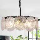 Wellmet Black Glass Chandelier for Dining Room, 4 Lights Modern Farmhouse Water Ripple Glass Light Fixture, Elegant Round Lighting for Kitchen,Living Room,Over Table,Bedroom,Entryway,Hallway, W-20in