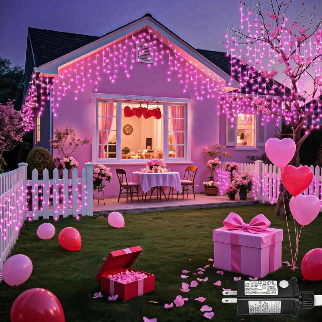 66ft Pink LED Icicle Christmas Lights Outdoor, 640 LED Patio Lights for Outside Clear Wire Connectable Twinkle Light with 8 Modes Timer Waterproof for Window Party Wedding Yard Holiday Decorations
