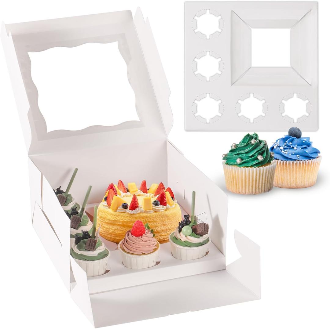 JCD 8 Packs 1+5 Cupcake Box Combo with Clear Window,1 small Cake and 5 Cupcakes Box with insert and Stickers, for Family Birthday Party Mother's day (1+5/8pcs)