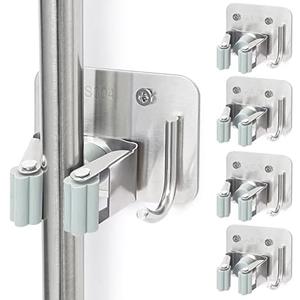 2 pcs KLEBV Broom Holder Wall Mount Screw Drilling, Sturdy Heavy Duty Stainless Steel Mop Gripper Rack Perforated, Perfect for Laundry Room Organizer, Fit with Laundry Kitchen Garage Garden Storage System
