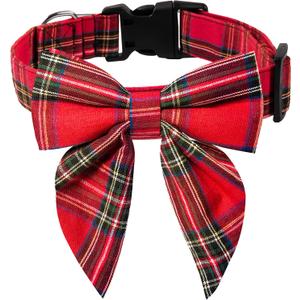 XIGOUPT Christmas Dog Collar Detachable Dog Bow Ties Adjustable Soft Cotton Red Plaid Christmas Collars Bowtie for Large/Medium/Small Pets as Holiday Fall Winter Gifts