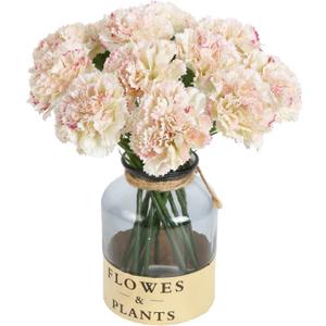 Artificial Carnations Pink Silk Flowers 15pcs Fake Carnation Artifcial Flowers with Stems for Home Decor Wedding Bridal Bouquet Anniversary Birthday Floral Arrangements (Pink in White)