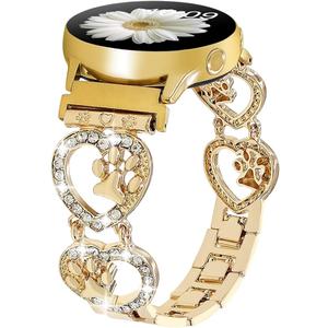 20mm Bling Metal Band Compatible with Samsung Galaxy Watch 7 FE 6 5 4 40/44mm Women,Galaxy Watch 5 Pro,6 4 Classic,Active 2,Love Heart Shape Bracelet Dog Paw Cute Wristband