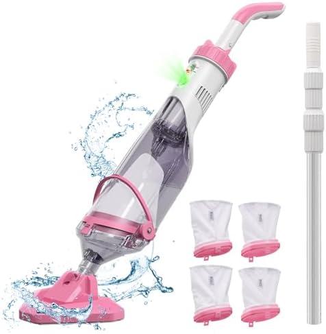 Enhulk Pool Vacuum for Above Ground Pool with a Telescopic Pole, Running time up to 1H, T403 Handheld Rechargeable Pool Cleaner with Powerful Suction up to 18.5 gallons/min, Ideal for Leaves, Debris