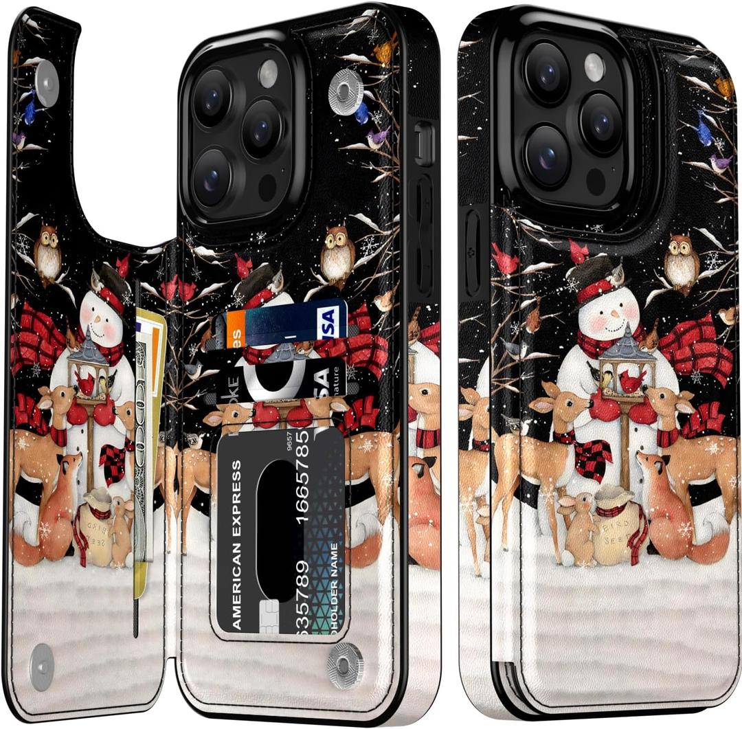 LETO Christmas Wallet Phone Case for iPhone 15 Pro - Flip Folio Leather Kickstand - Credit Card Holder - Shockproof Protective Cover for Women and Girls - Snowman with Deer