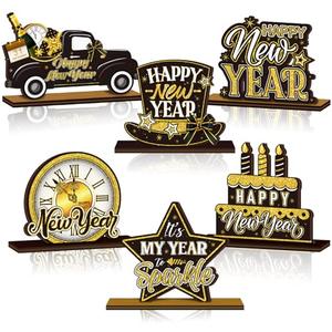 Cinnvoice 5 Pcs Happy New Year Table Decorations Wooden Table Centerpieces Rustic Wood Tabletop Sign Decorations for Home Kitchen Office Farmhouse Desk Shelves Party Tiered Tray Decor