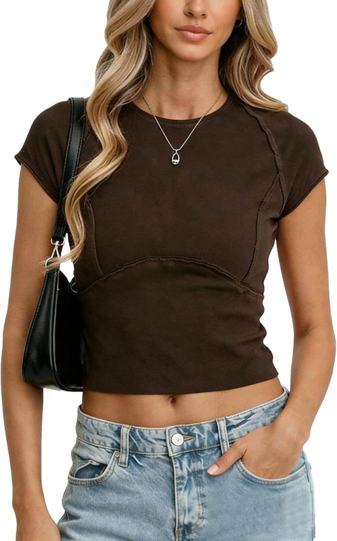 Aimiray Women's Y2k Tops Tight Fitting Baby Tees Going Out T Shirt Basic Short Sleeve Crew Neck Cotton Summer Tops (Medium, Brown)