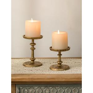 NUPTIO Gold Candle Holders for Pillar: Antique Brass Cast Iron Candleholder for 3 Inch Pillars Heavy Metal Candle Stand for Christmas Party Table Decor