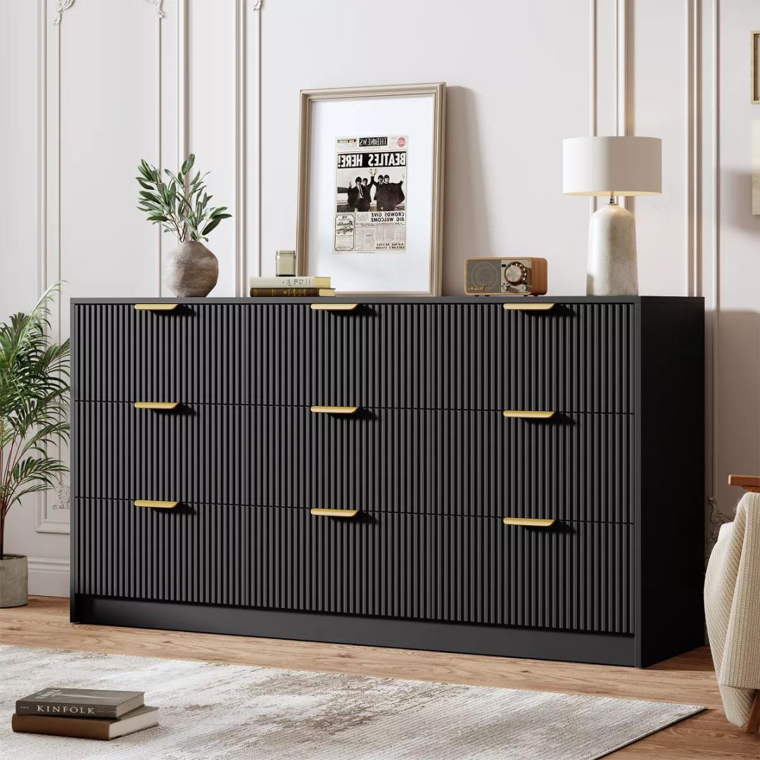 Garvee Fluted 9 Drawers Dresser for Bedroom, Wide Modern Chest of Drawers with Metal Handles, For Living Room, Entryway, Hallway, Black
