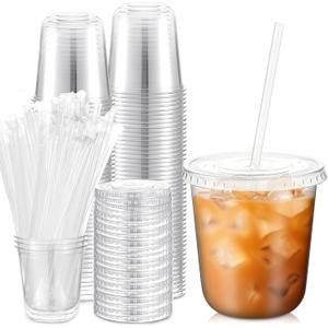 Ziliny 50 Sets Clear Plastic Cups with Lids and Straws, Disposable Iced Coffee Cups Drinking PET for Cold Drinks, Juice, Smoothie, Coffee Shops, Party, Christmas (12 oz,Clear)