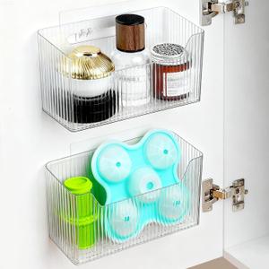 2 Pack Cabinet Door Organizer, Adhesive Wall Mounted Organizer Bins, Clear Storage Caddy, Stackable Basket for Kitchen Cabinets, Bathroom, Pantry, Office, and Tabletop Organization