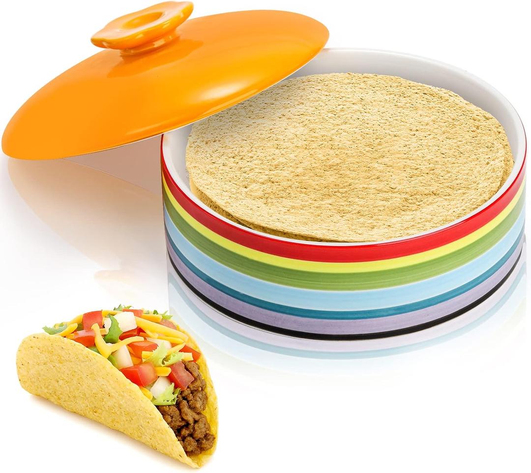 Lyellfe Ceramic Tortilla Warmer, 8.5 Inch Colorful Tortilla Server Keeper Container with Lid, Hold up to 12 Tortillas, Great for Taco Tuesday Night, Mexican Party, Microwave and Oven Safe, 8 inches x 2.3 inches