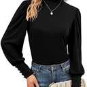 Qirno Womens Mock Neck Puff Long Sleeve Tops Casual Loose Solid Basic T Shirt Button Cuffs Pullovers Shirts Blouse M