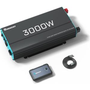 Renogy Inverter P2 3000W Pure Sine Wave Inverter 12V DC to 120V AC Converter for Home, RV, Truck, Camping, Trailer, with Wired Remote Controller, Support Li, AGM, SLD, GEL, FLD Batteries