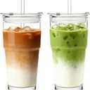 INSETLAN 20oz Clear Glass Cup with Lid and Glass Straw, Set of 2 Thickened Glass Coffee Tumblers, Drinking Glasses with Straw for Smoothie, Tea, Milk, Whiskey, Water and More  Elegant & Durable