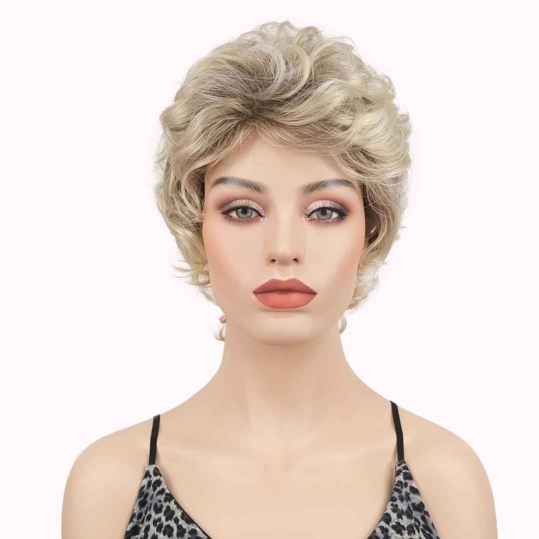 Lydell 6" Short Curly Wavy Wigs Synthetic Full Hair Classic Style(R10/26 Blonde Mixed Dark Root)