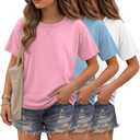 LessonZoo 3 Pack Girls Short Sleeve T Shirts | Crewneck Tops, Loose Fit, Summer, Comfy Basic, Casual Blouse, Teen 5-14 Years, Soft, Breathable, Daily Wear, 5-6Y