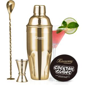KITESSENSU Cocktail Shaker Set, Stainless Steel Bartending Kit with 25 Ounce Cocktail Shaker with Built in Drink Strainer, Measuring Jigger, Mixing Spoon & Drink Recipe Guide, Gold (Gold - Cobbler 3)