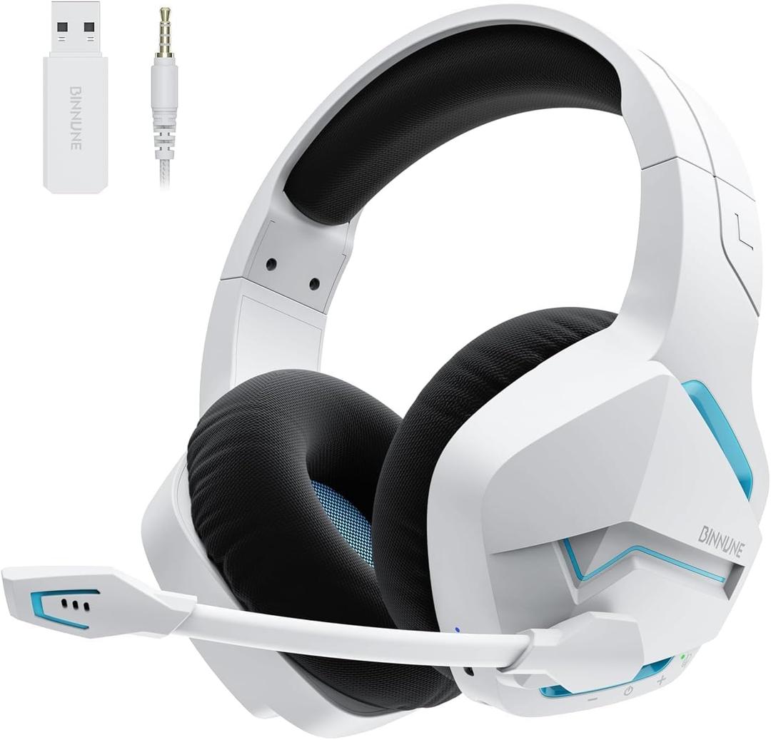BINNUNE Wireless Gaming Headset for PS5 PC, 120H Ultra-Long Battery, 2.4GHz & Bluetooth 5.3 Wireless Headphones with Noise Canceling Mic, 50mm Drivers, Comfort Over Ear Gaming Headphones,White