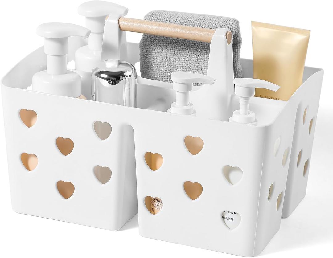 Portable Shower Caddy Plastic Shower Basket Organizer Divided Bathroom Caddy Storage Cleaning Caddy Tote with Handle for College, Dorm Room, Kitchen, White