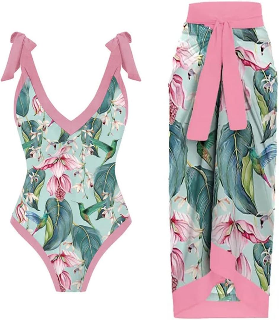 Women's One Piece Swimsuit with Beach Cover up Wrap Skirt Sarong Retro Floral Print Bikini Set Two Piece Bathing Suit (M, Pink + Green Floral)