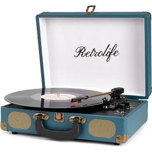 Vinyl Record Player Bluetooth Turntable 3-Speed Suitcase Portable Vintage Belt-Driven Record Player with Built-in Speakers RCA Line Out AUX in Headphone Jack LP Recording to Convert Records to MP3