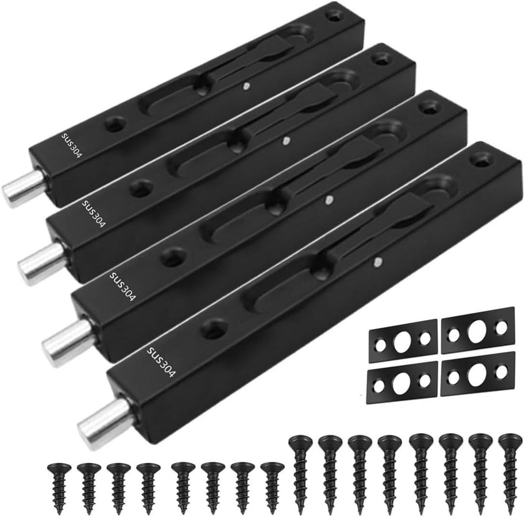 szhdxsy Hidden Latch & Bolt 304 Stainless Steel 8 inch(202cm) Security Door Bolt Latch, Double Door Lever Action Flush Bolt Latch, French Door Slide Bolt Lock,Silver (4-Pack) (Black)