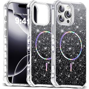 Compatible with iPhone 16 Pro Max Case Magnetic Glitter iPhone 16 Pro Max Phone Case 6.9" with Curly Wavy Frame Design [Bling & Cute][Compatible with Mag-Safe],Black